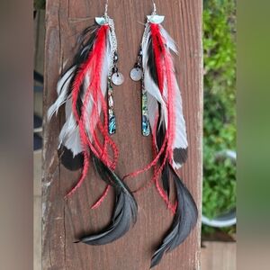 New! Long Feather Earrings Silver Tone Drop Chain Handcrafted Boho Jewelry